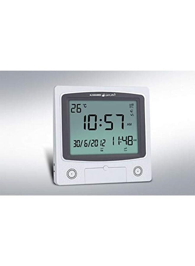 Digital Azan Table Alarm Clock Square Shape Carbon Fibre Silver/Black 22.5x21.5cm