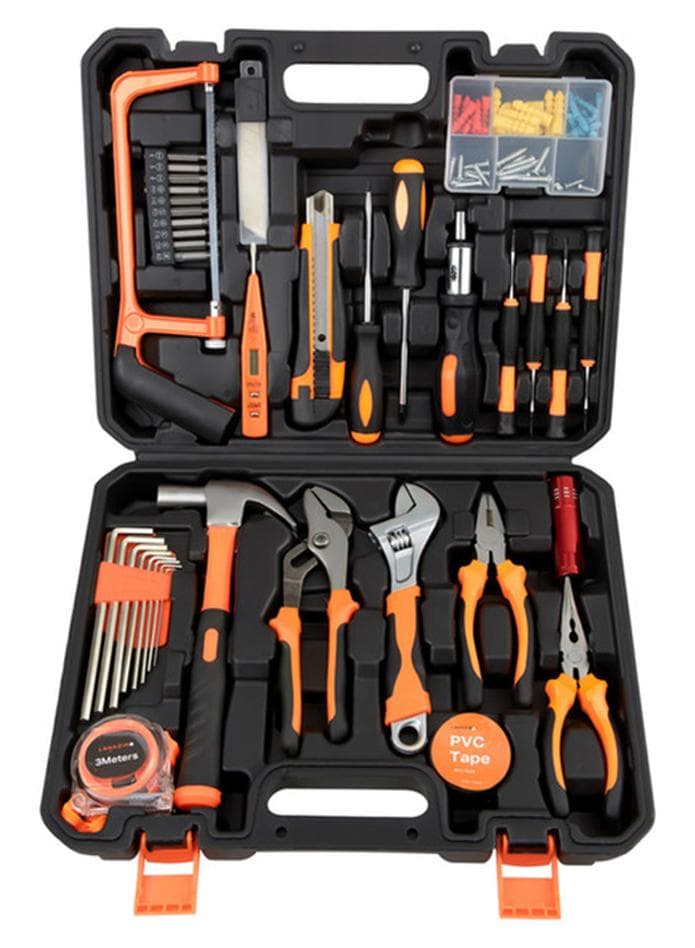 Tools Set - 100 Piece - Heavy-Duty Hand Tools Kit with Hacksaw Screwdrivers Wrenches Pliers Hex Keys 3M Measuring - for Home Repairs DIY Furniture Assembly Electrical Work Carpentry Workshop Black/Orange/Silver
