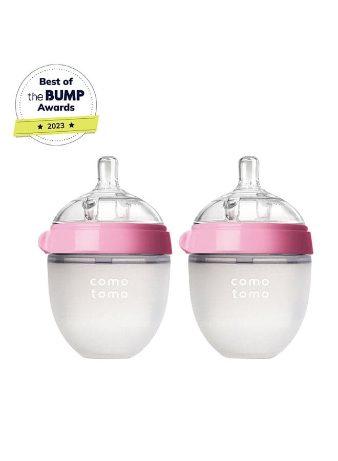 Comotomo Natural Feel Baby Feeding Bottle 150 ml (Pink) | Pack of 2 | Soft Silicone Breast-Like Bottles | Anti-Colic Vent System | BPA-Free Wide Neck Design | 3 Months+
