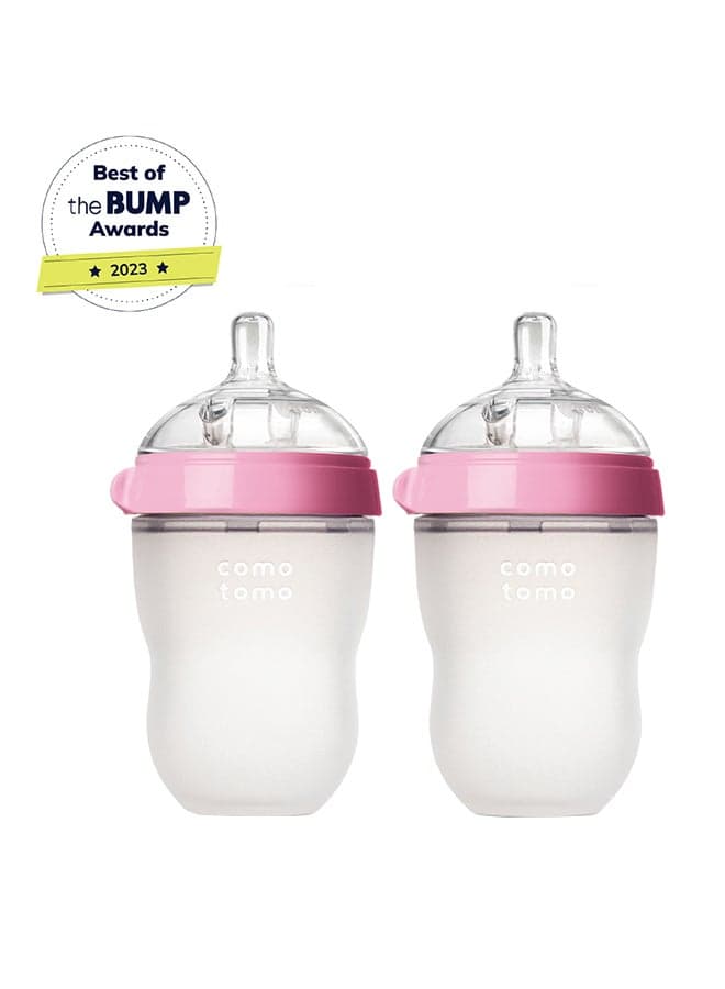 Comotomo Natural Feel Baby Feeding Bottle 250 ml (Pink) | Pack of 2 | Soft Silicone Breast-Like Bottles | Anti-Colic Vent System | BPA-Free Wide Neck Design | 6 Months+