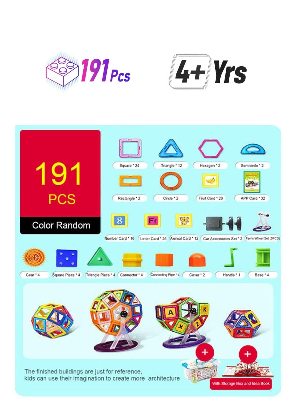 TX-191 191-Piece Color Random Magnetic Blocks Building Toys Set With Storage Bag And Idea Book 191 4+ Years