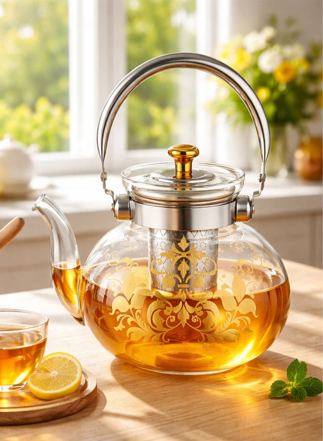 Glass Teapot Borosilicate Heat Resistant with Stainless Steel Infuser Gold Design Glass 1600ml