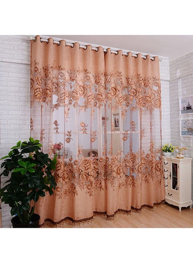 2-Piece Hollow Peonies Washable Window Curtain With Eyelets Brown 250 x 100cm