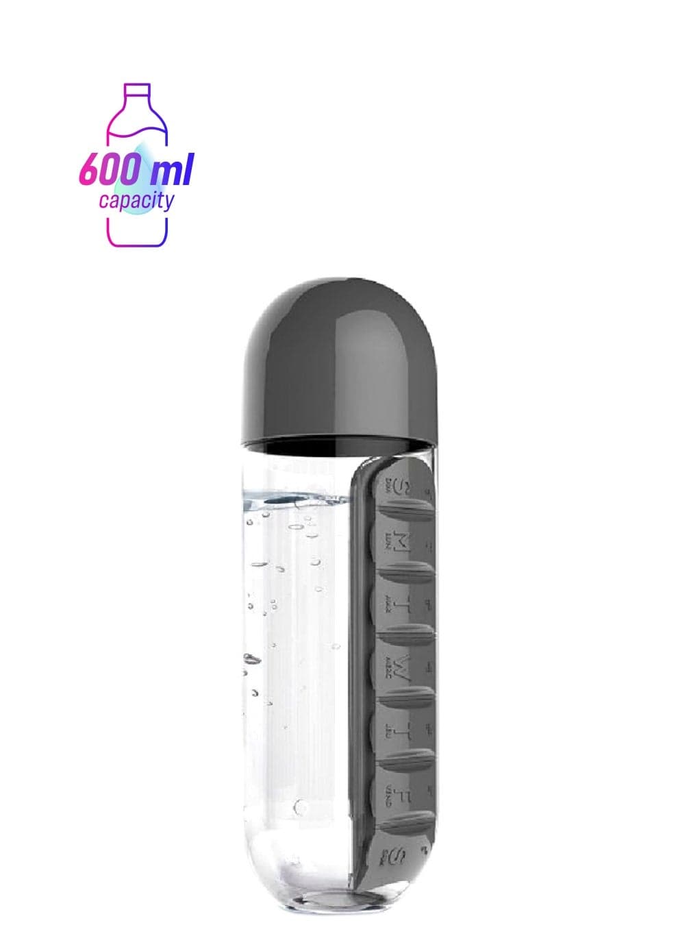 Water Bottle With Daily Pill Box Organizer 600 ml Black/Clear