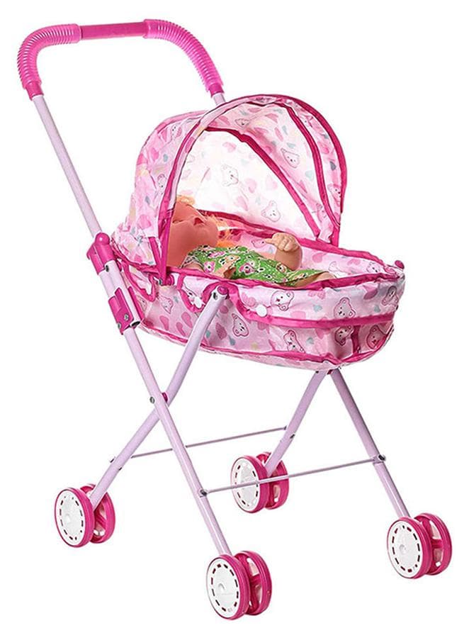 Trolley With Baby Doll For Toddlers Plastic Material Foldable And Portable