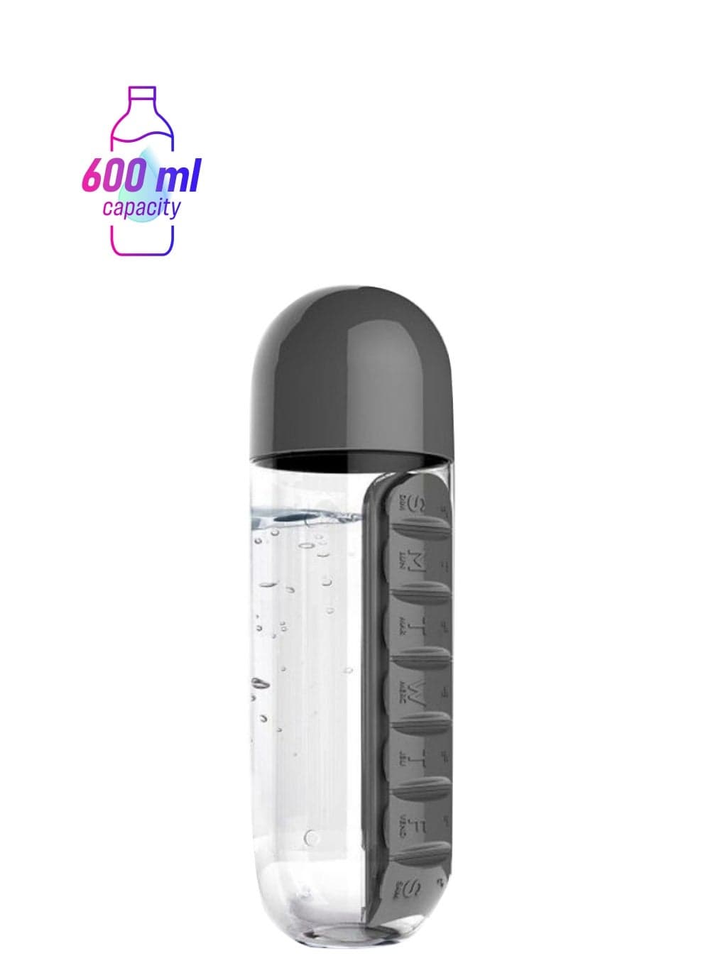Water Bottle With Daily Pill Box Organizer Black/Clear 600ml