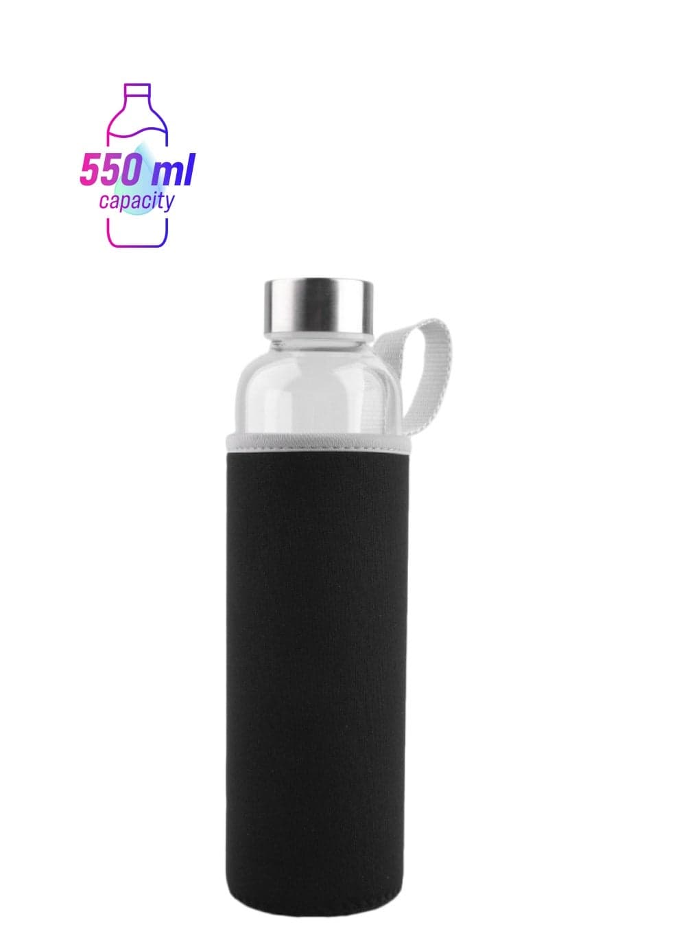 Portable Travel Glass Water Bottle Black/Silver/Blue 23x6.5cm