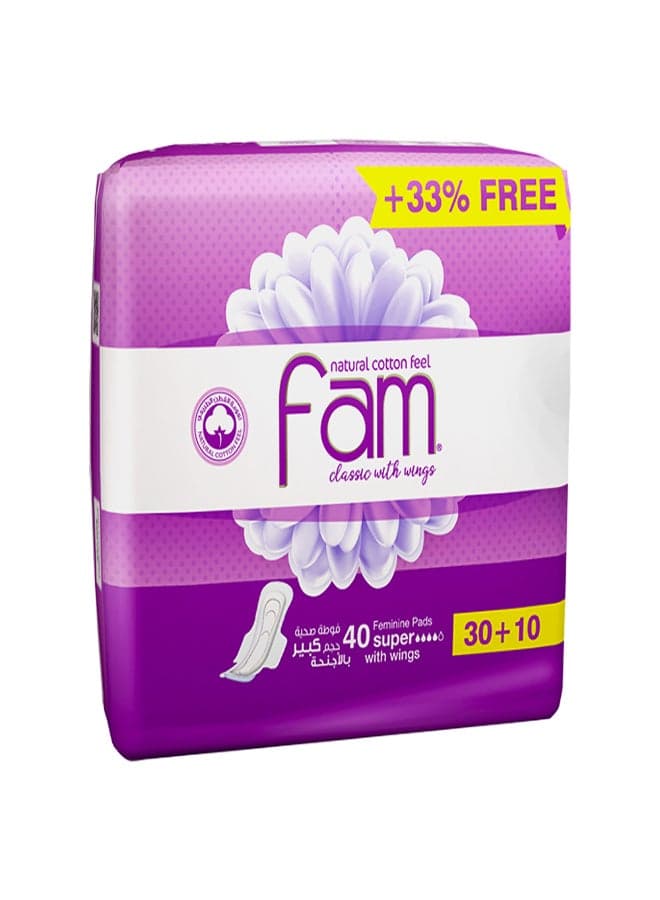 Classic With Wings Natural Cotton Feel, Super Sanitary, 40 Pads