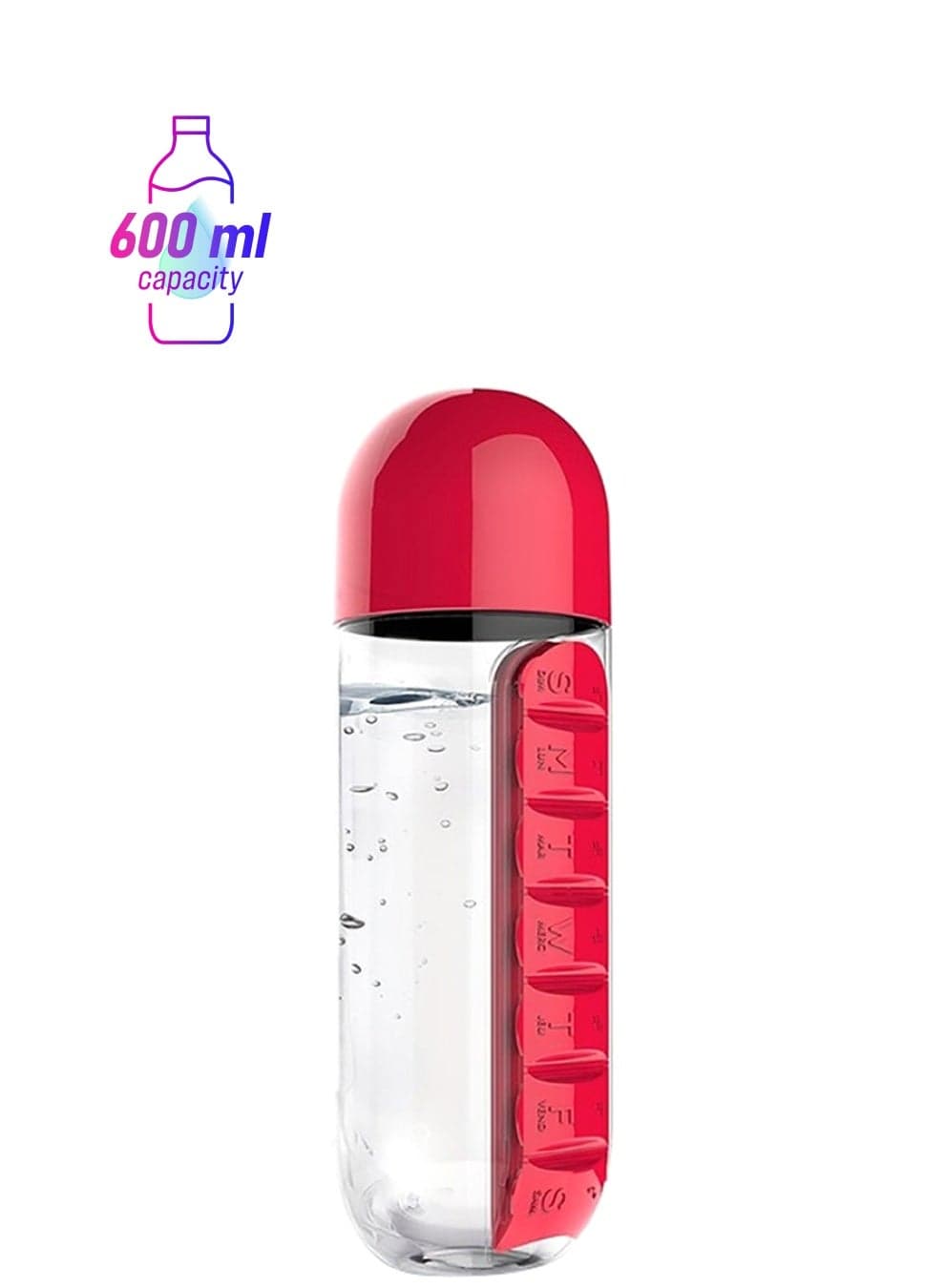 Free Convenient Water Bottle With Daily Pill Box Clear/Red