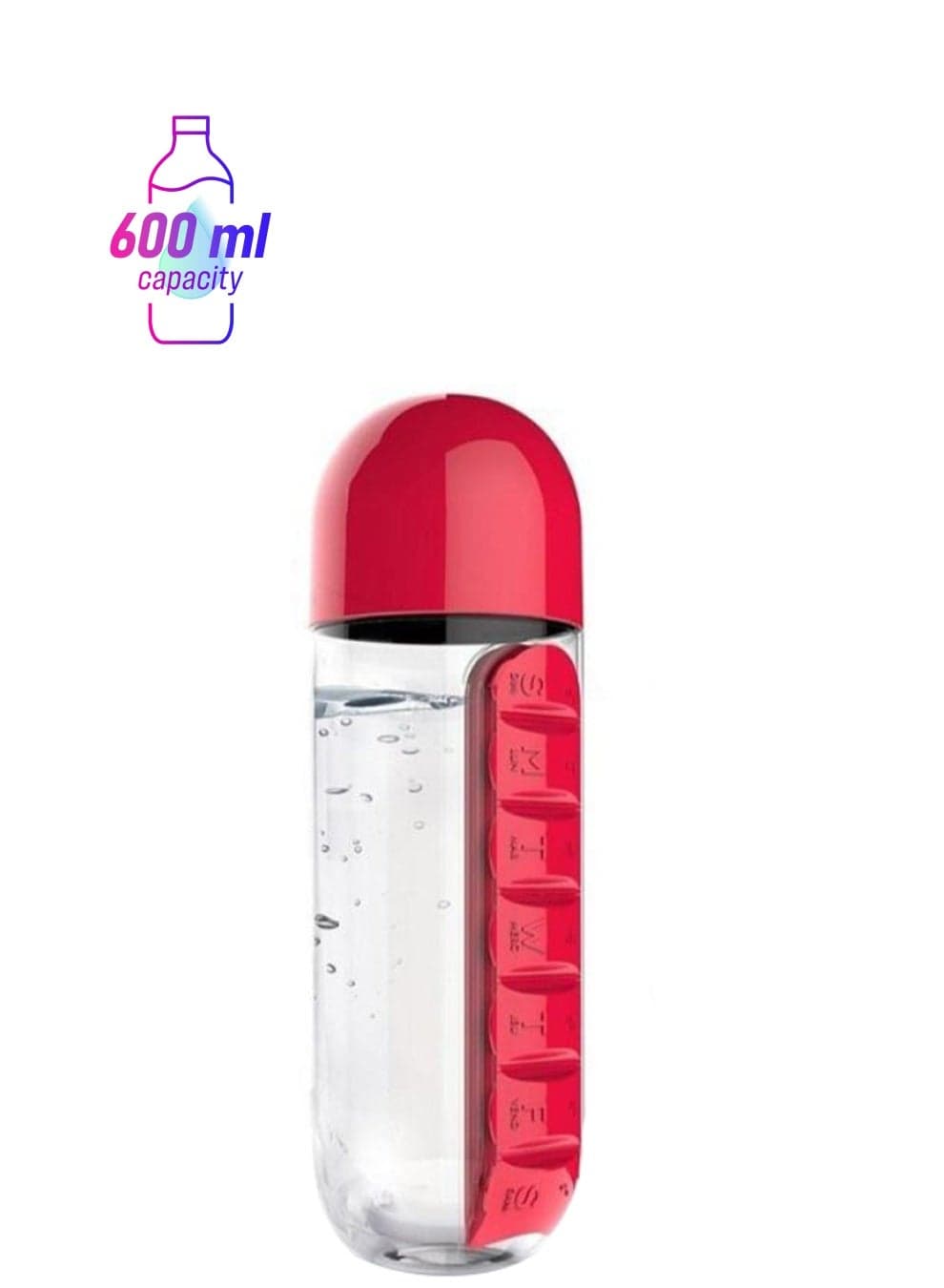2-In-1 Portable Water Bottle With Pill Case Red/Clear
