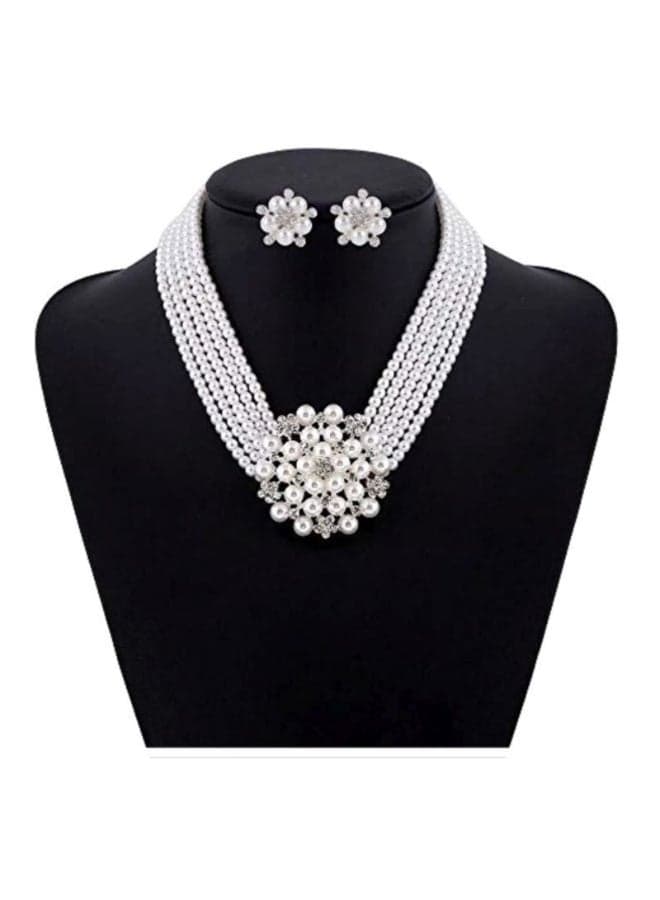 Stone Studded Pearl Necklace And Earrings Set