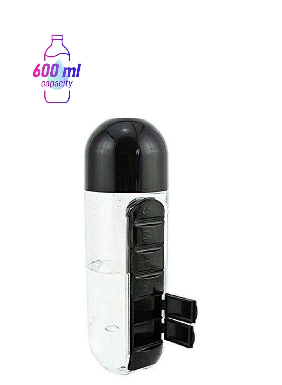 Water Bottle With Pill Case Black/Clear 600ml