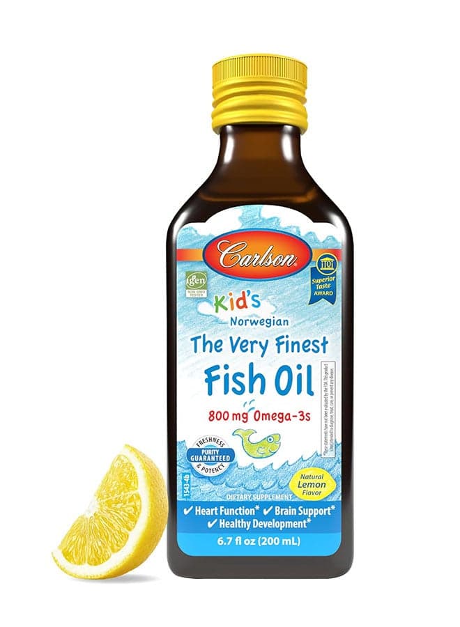 Carlson - Kid's The Very Finest Fish Oil Liquid, 800 mg Omega-3s, Norwegian, Wild-Caught Fish Oil, Omega 3 Liquid for Kids, Sustainably Sourced, Lemon, 200 ml