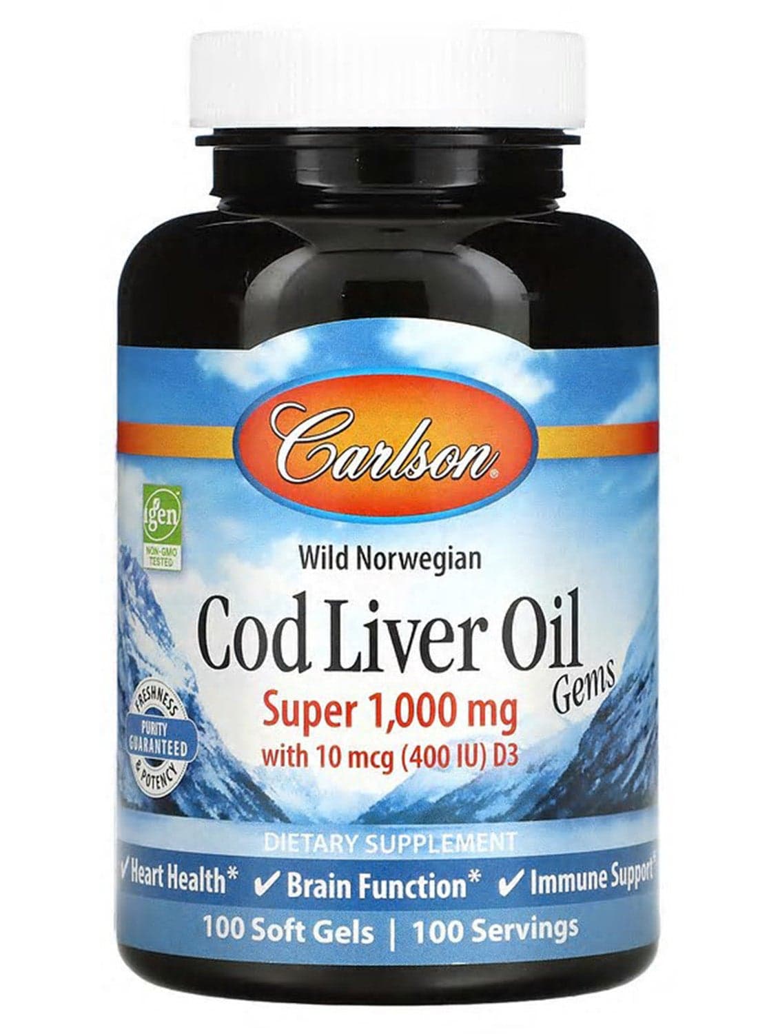Wild Norwegian Cod Liver Oil Gems Super 1000mg Dietary Supplement - 100 Softgels