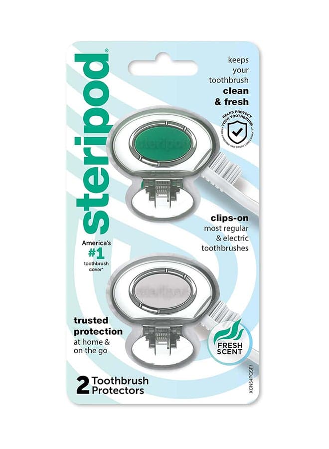 Steripod Clip-on Toothbrush Protector, Green/Silver, 2 Count Green/Blue/Clear