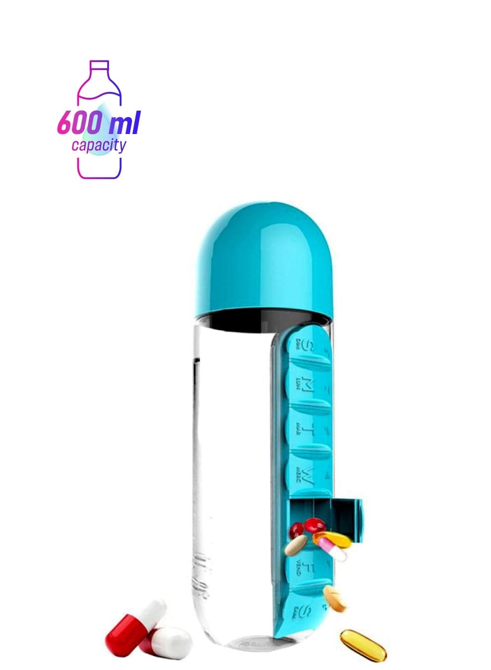 Daily Pill Boxes Organizer Drinking Water Bottle Clear/Blue 23.5x8cm