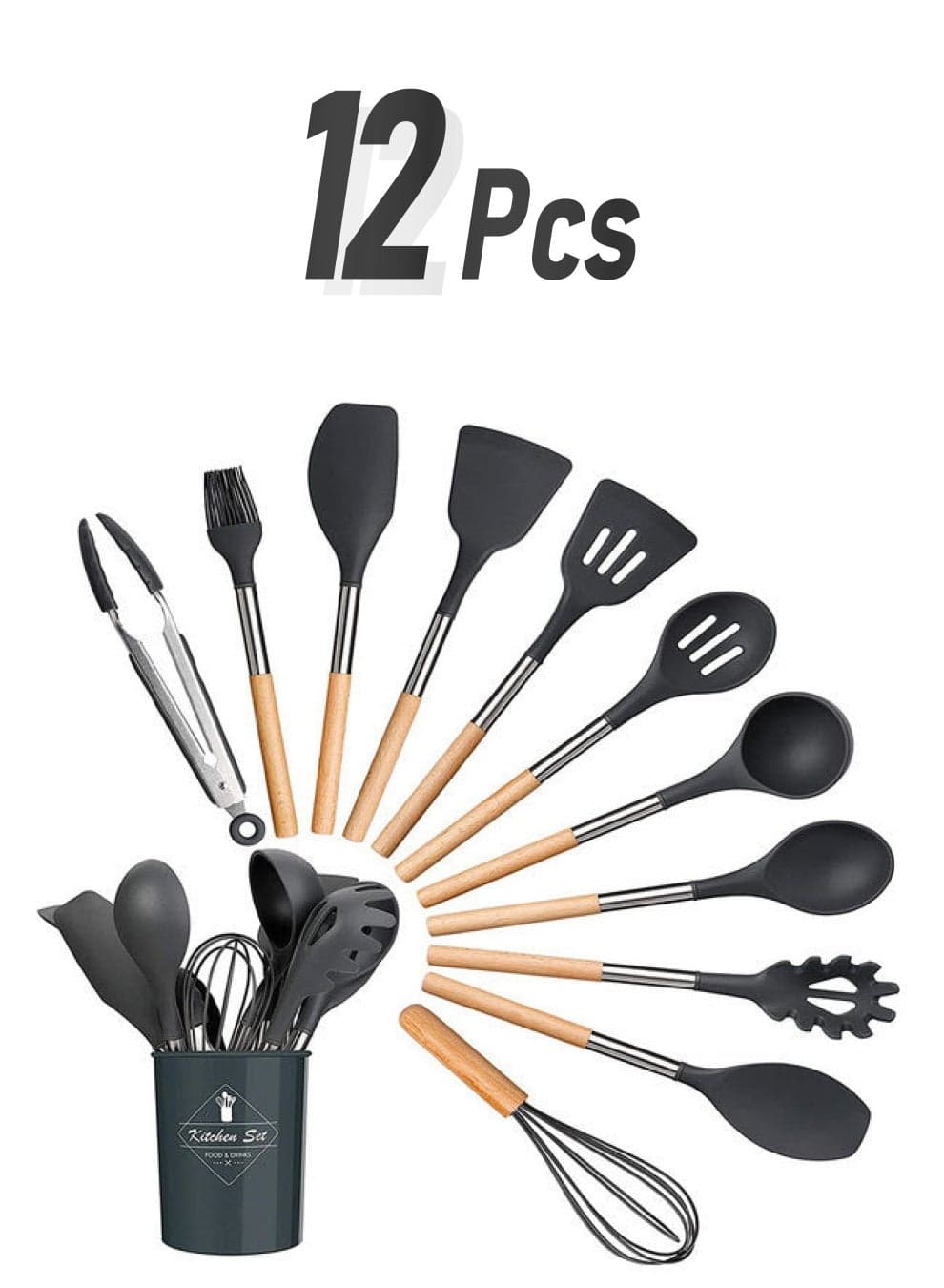 12-Piece Cooking Utensils Kitchen Set Black and Wood