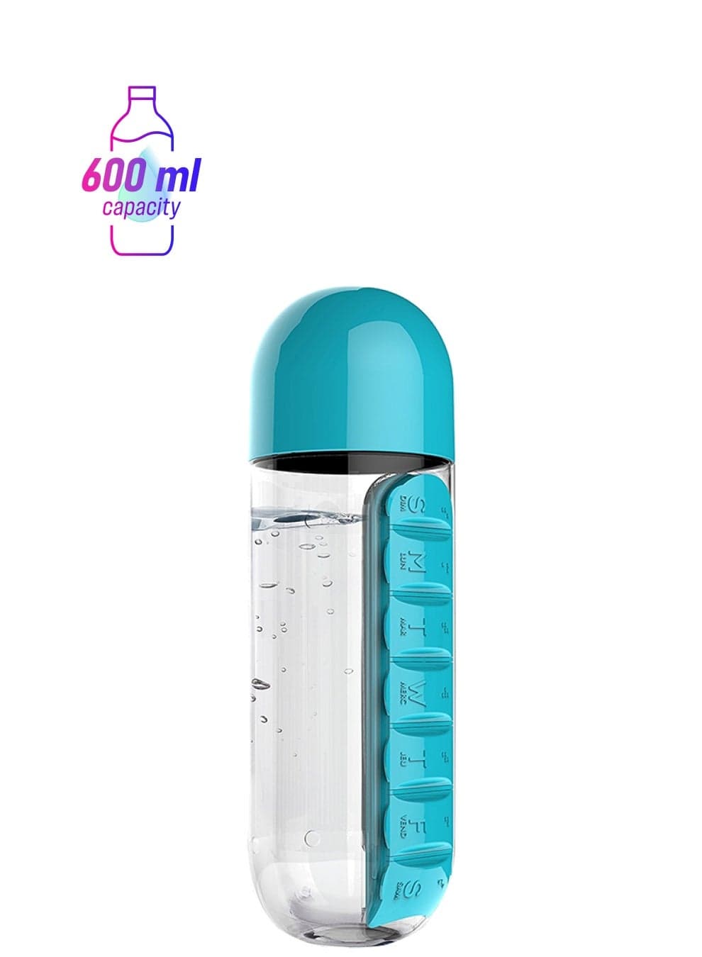 2-In-1 Water Bottle With Pill Box Organizer Blue/Clear 23.5 x 6.9cm