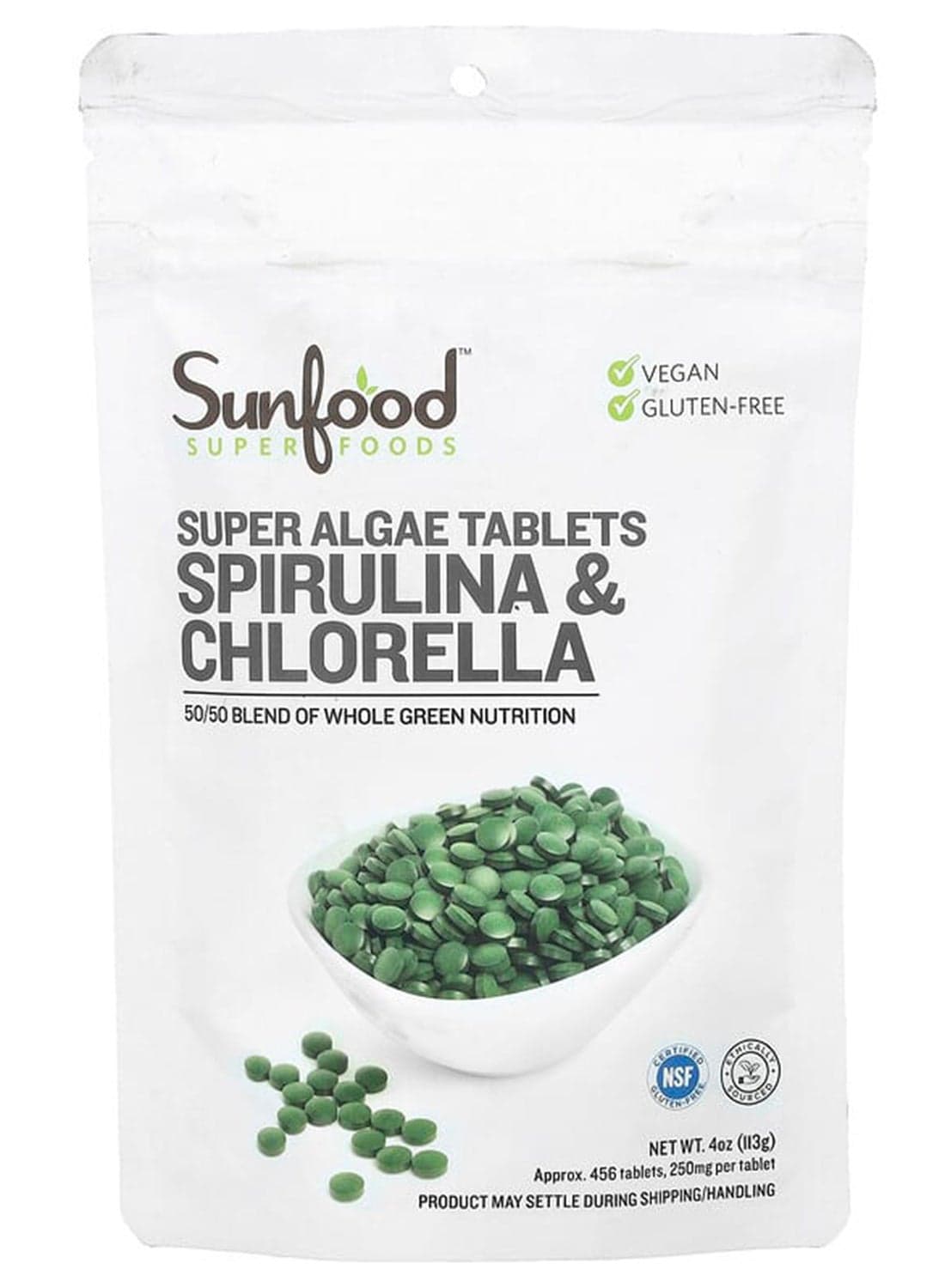Sunfood, Super Algae Tablets Spirulina & Chlorella, 250 mg, Approx. 456 Tablets