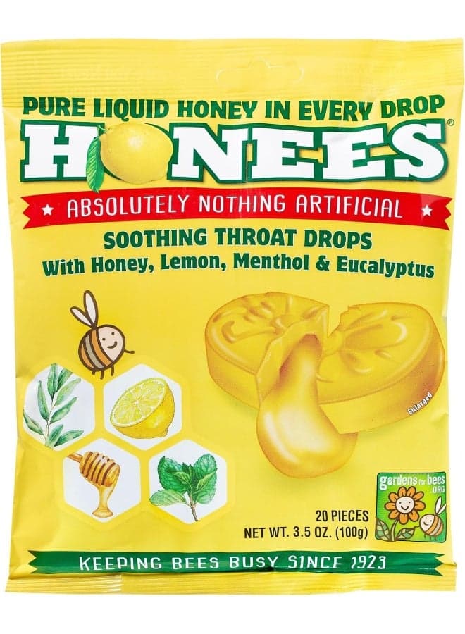 Soothing Throat Drops With Honey Lemon Menthol & Eucalyptus 20 Pieces 3.5 Oz 100G Packaging May Vary