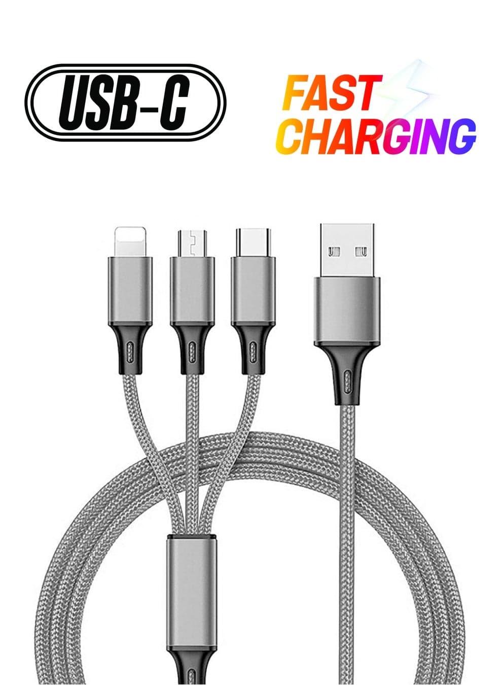 3-in-1 Multifunction Fast Charging Android Type-C Data Cable Grey