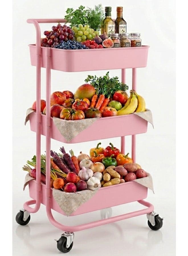 3-Tier Rolling Shelves Metal Cart Organizer Pink 85x45x35cm
