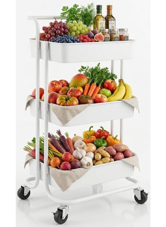 3-Tier Multipurpose Rolling Shelves Metal Cart Organizer White 85x45x35cm