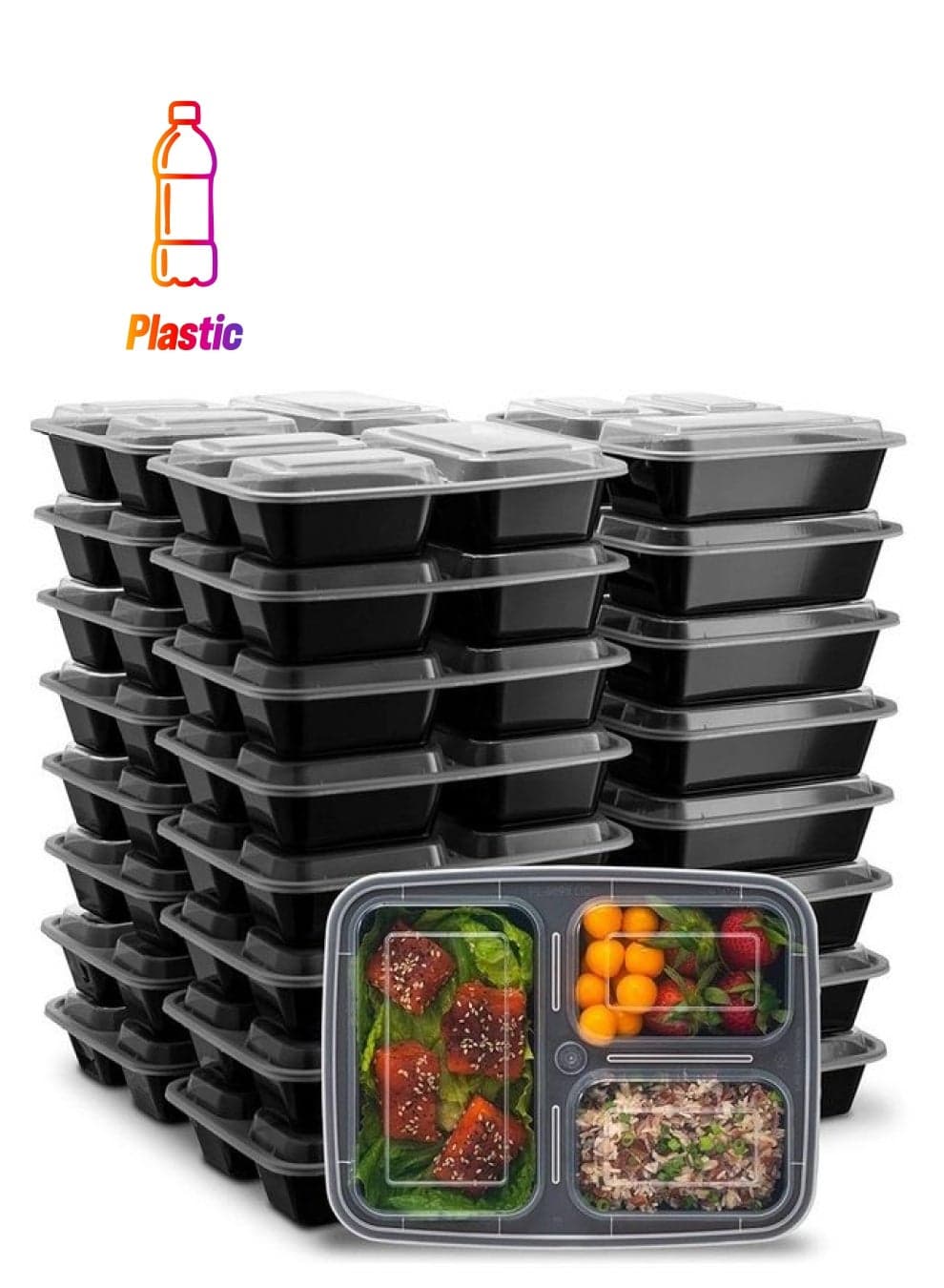 Pack of 10 3 Compartment Meal Prep Containers with Lids Black