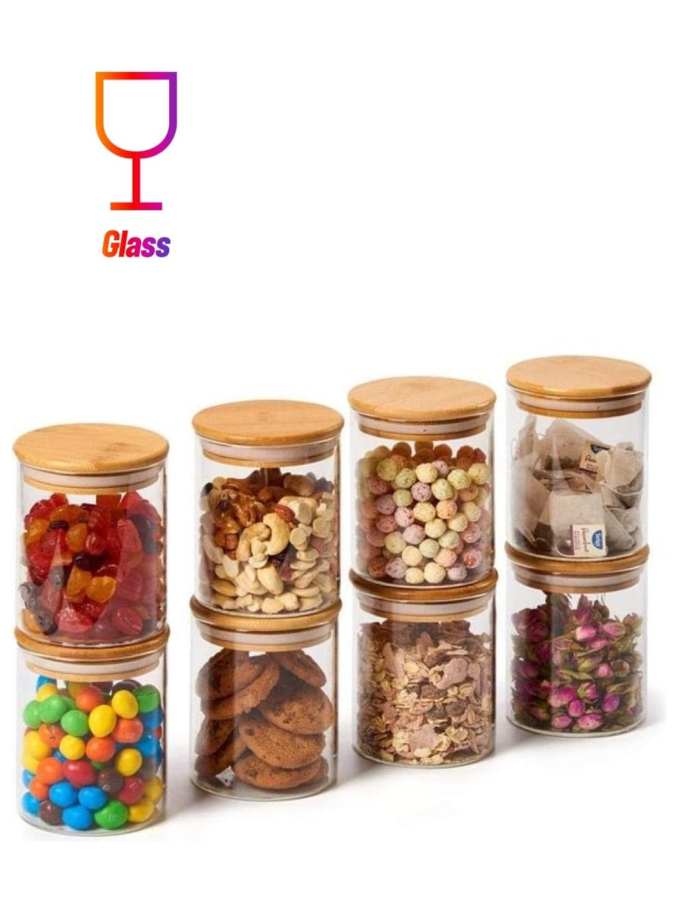 Set of 8 Food Storage Glass Jar With Bamboo Lid Clear 450ml