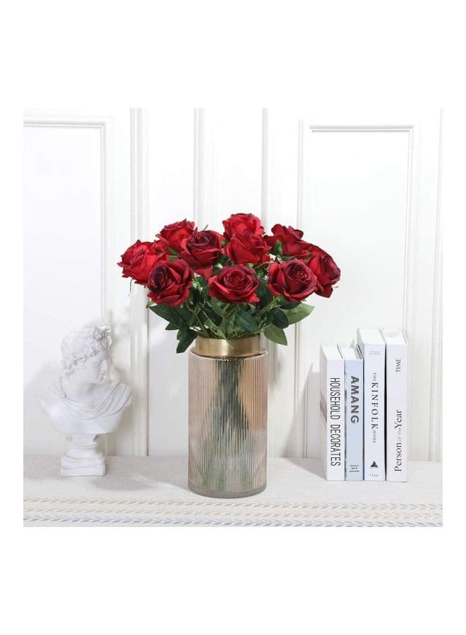 12 Pieces Red Artificial Roses Silk Bridal Wedding Bouquet Realistic Flower Red/Green