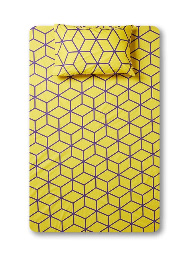 2-Piece Printed 180TC Fitted Bedsheet Set Twin Size Pure Cotton Yellow/Purple