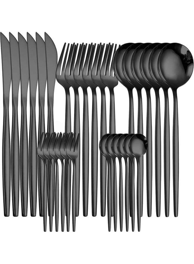 30-Piece Stainless Steel Knife Fork Spoon Full Set  for Home Office Restaurant Hotel Black 20cm