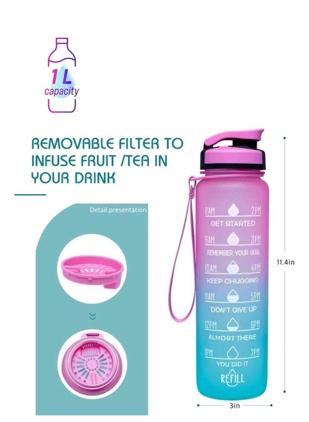 Motivational Time Marked Water Bottle Pink/Blue