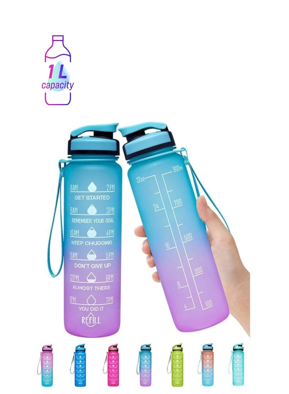 1L Large Water Bottle with Motivational Time Marker Multicolour
