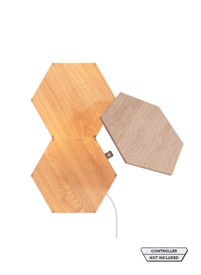 Elements Hexagons Expansion Kit - 3 Pack - Smart WiFi LED Light Panel System With Music Visualizer, Instant Wall Decoration, Home or Office Use, Low Energy Consumption, Wooden Finish Brown 23x0.6x20 cm