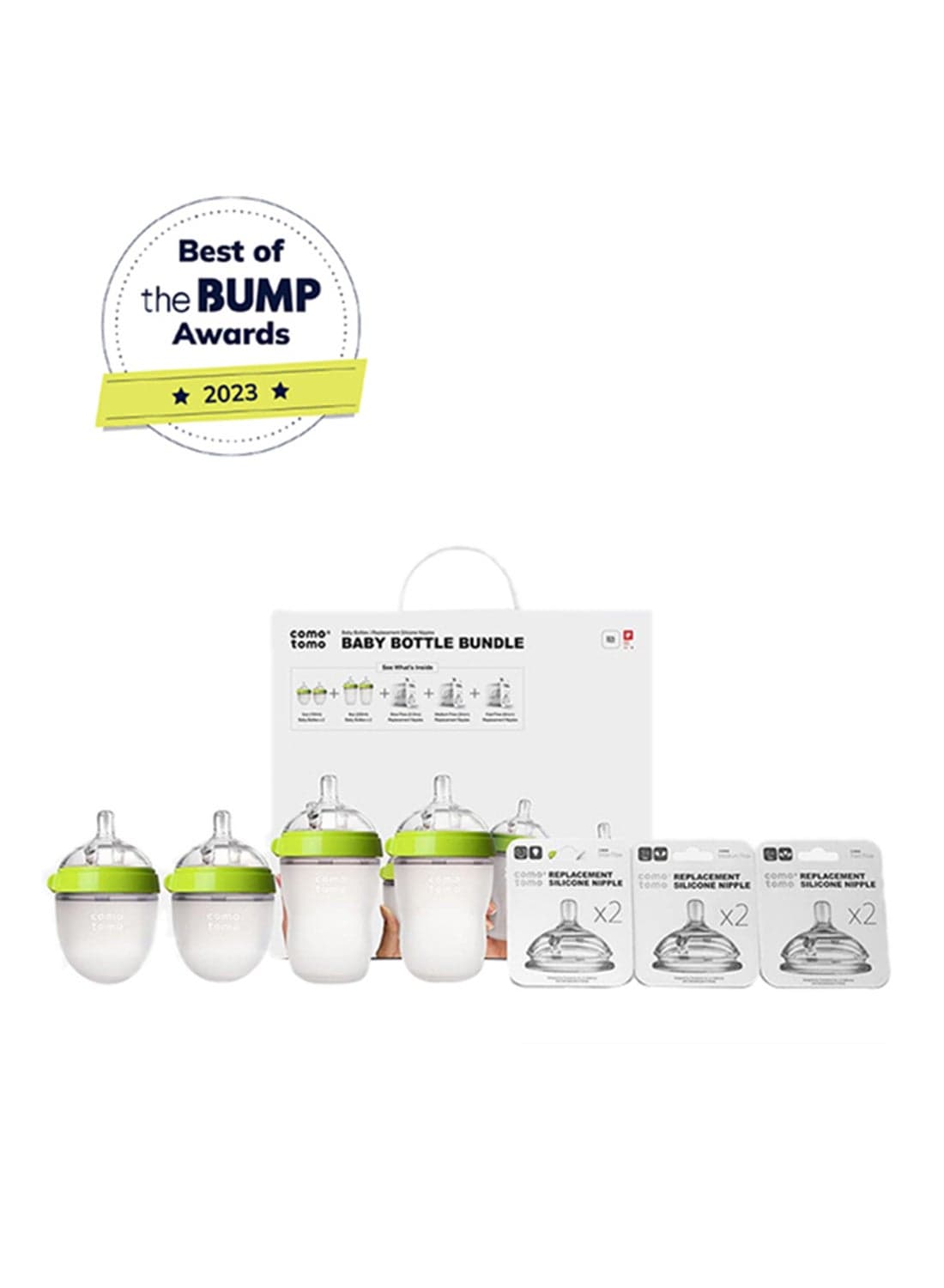 Comotomo Baby Feeding Bottle Bundle Green | Includes 2 x 150ML Bottles, 2 x 250ML Bottles & Replacement Nipples | Anti-Colic Soft Silicone Feeding Set for Babies