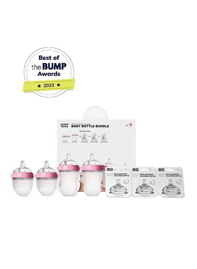 Comotomo Baby Bottle Bundle 4 Pack (Pink) | 2 x 150 ml + 2 x 250 ml Silicone Bottles | Includes 3 Sets Replacement Nipples (Slow, Medium & Fast Flow) | BPA-Free Soft Baby Feeding Bottle Set