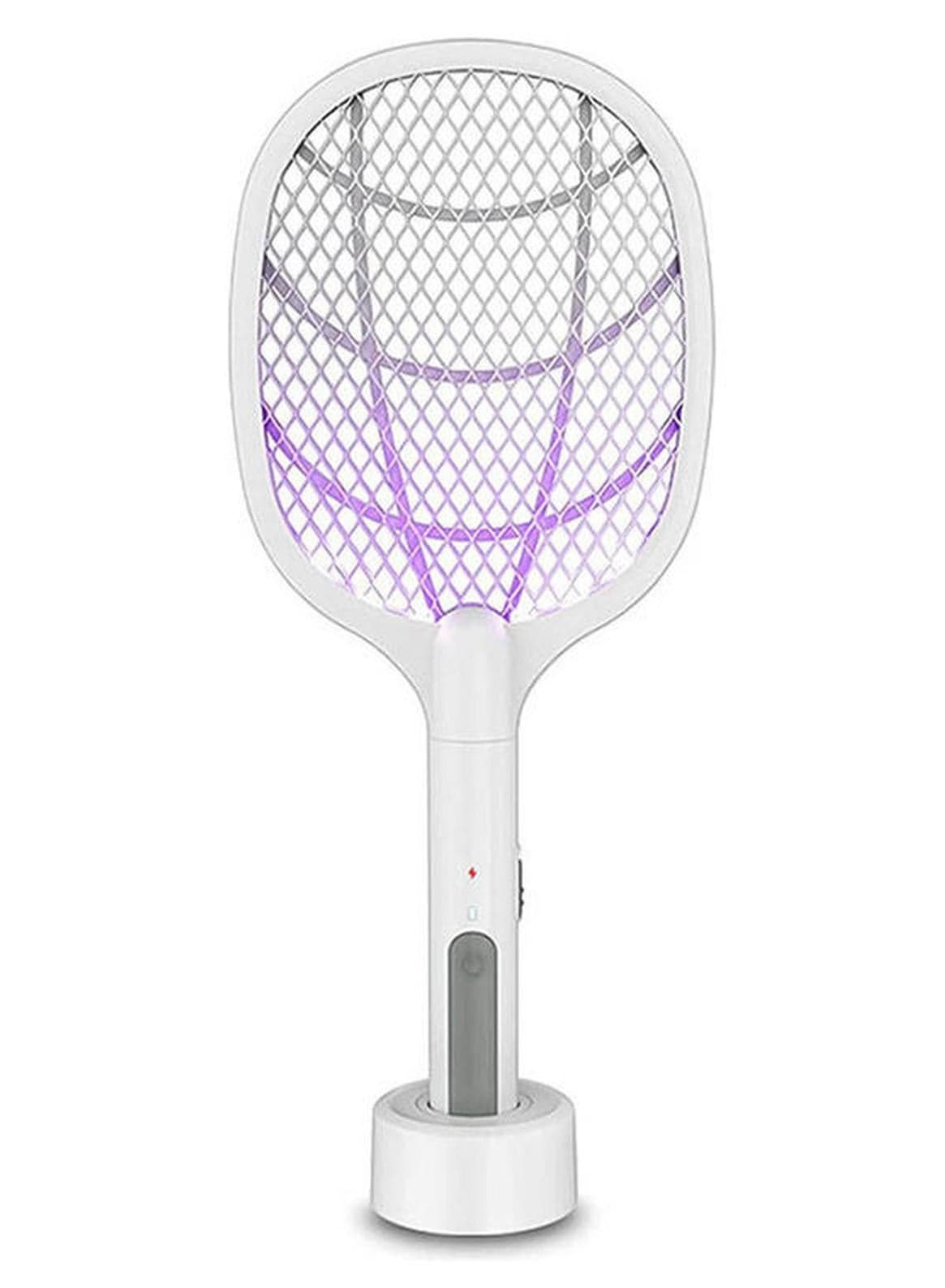 2-in-1 Handheld Bug Zapper Racket Electric Fly Swatter Mosquito Killer with Table Charging Base Rechargeable 500mAh Battery for Bedroom Nursery Room Indoor Outdoor White 21.8 x52.8x4.1cm