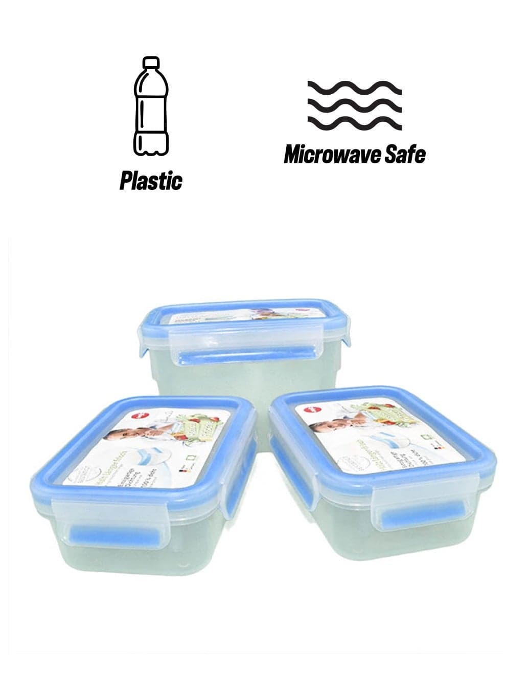 3-Piece Square Clip And Close Food Container Set Transparent|Blue 16.5x11.5x21.5cm