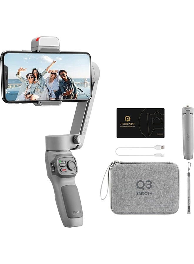 Smooth Q3 Combo, Handheld 3-Axis Smartphone Gimbal Stabilizer with Grip Tripod LED Fill Light Protective Case Foldable Phone for iPhone & Android Grey