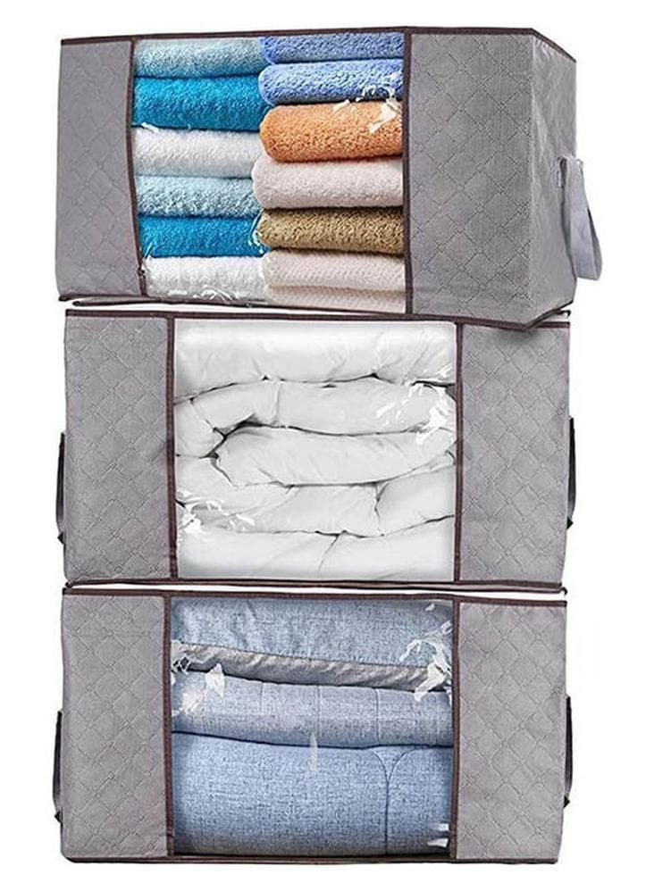 3Pcs Foldable Closet Organizer Clothing Storage Bag Box With Clear Window, Waterproof Durable Fabric Grey