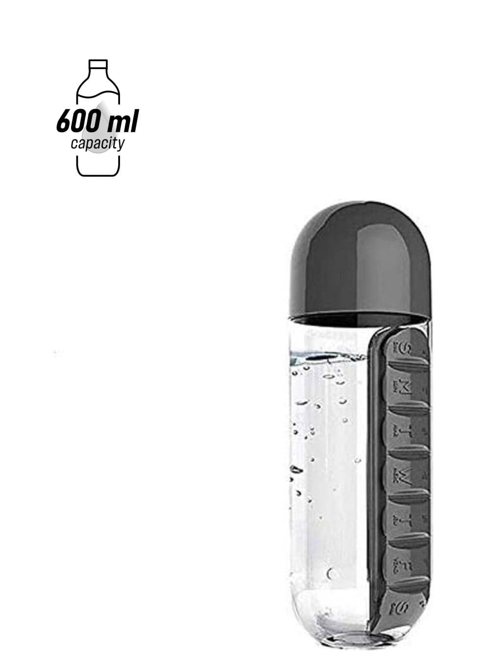 Plastic Water Bottle With Daily Pill Box Organizer Drinking Bottles Black 600ml