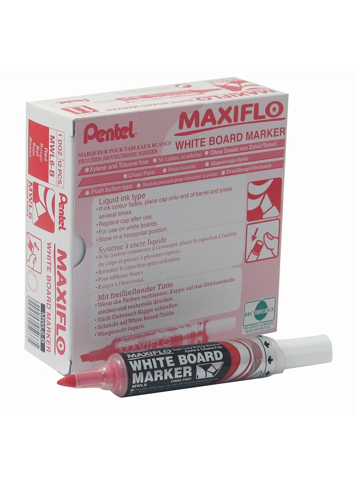 12-Piece Maxiflo Chisel Tip White Board Marker Red