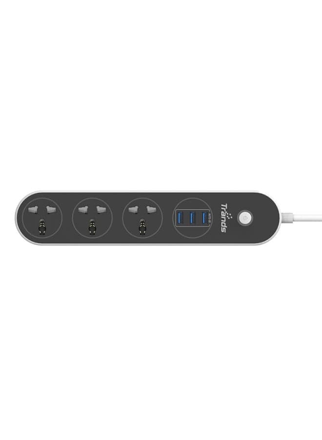 Extension 3 Plug Power Cord With 3 USB Fast Charging USB-Ports Black