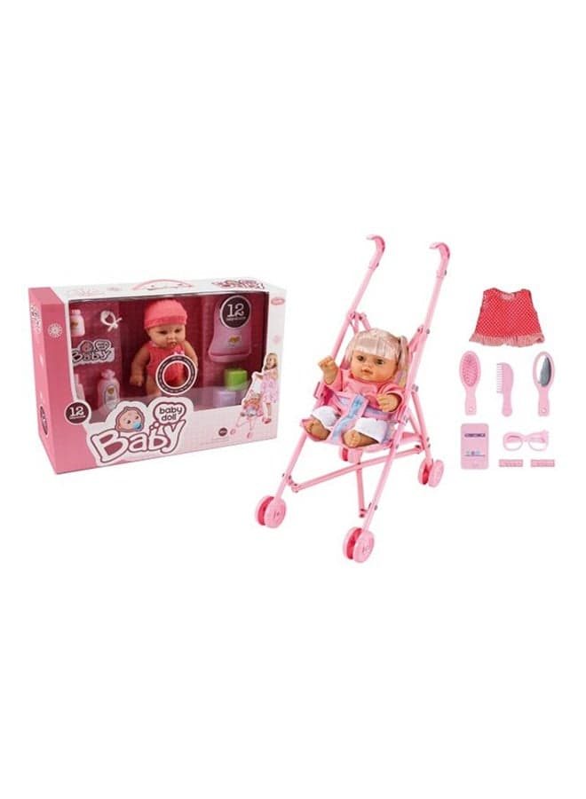 Doll With Plastic Stroller Play Set With 12 Sound