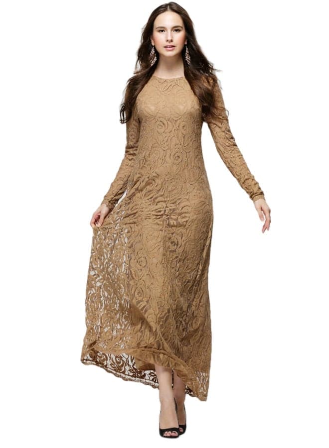 Embroidered Net Long Sleeve Dress Brown
