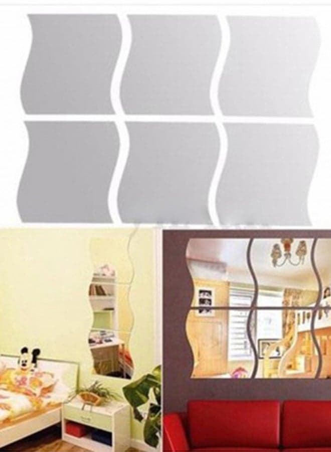 6-Piece Combination Mirror Stereo Wall Sticker Silver 12 x 10cm