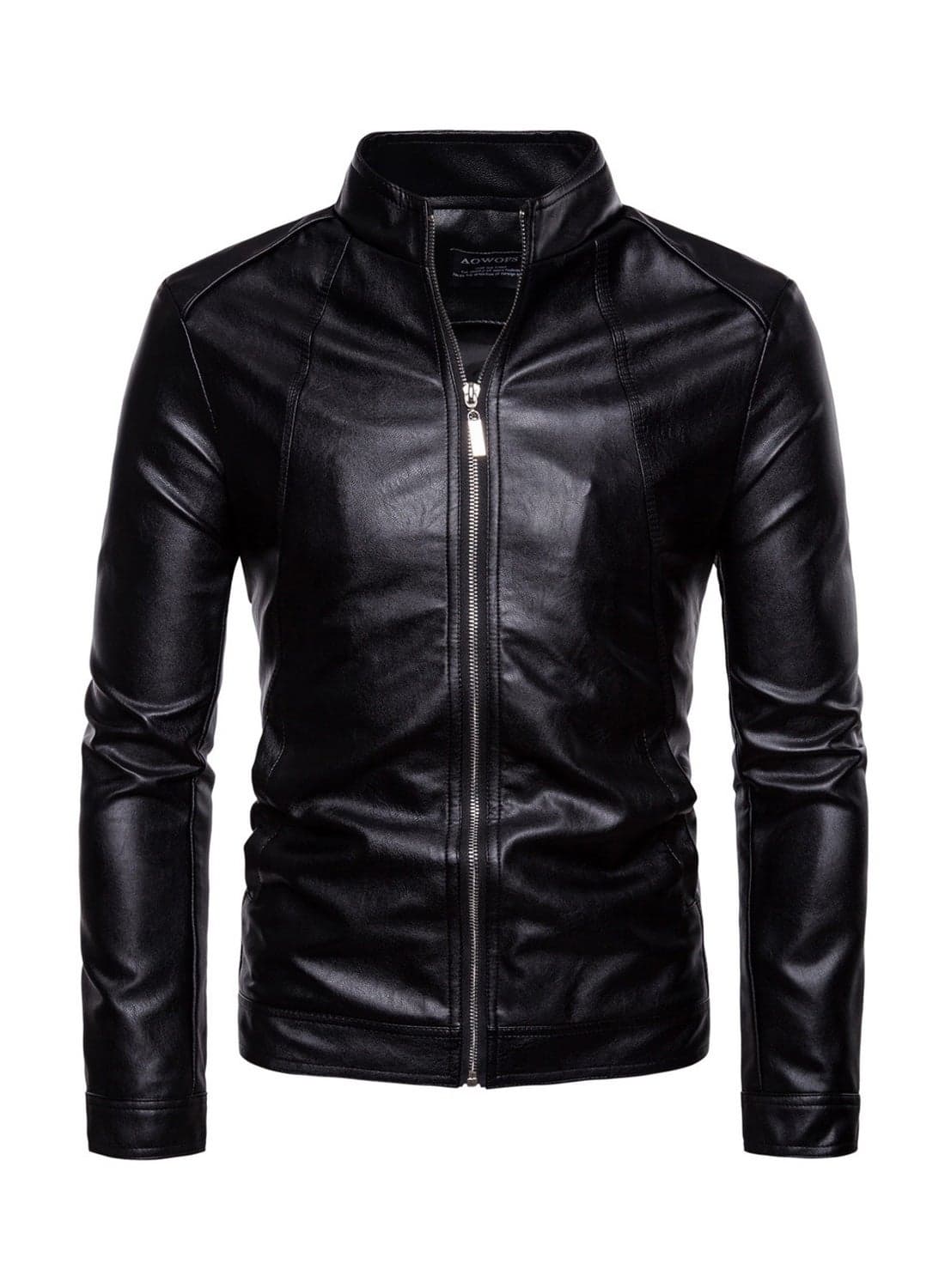 Stand Collar Washed PU Leather Jacket Black