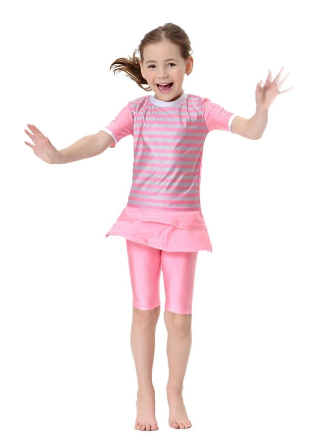 2-Piece Short Sleeves Split Swimsuit Pink/Grey