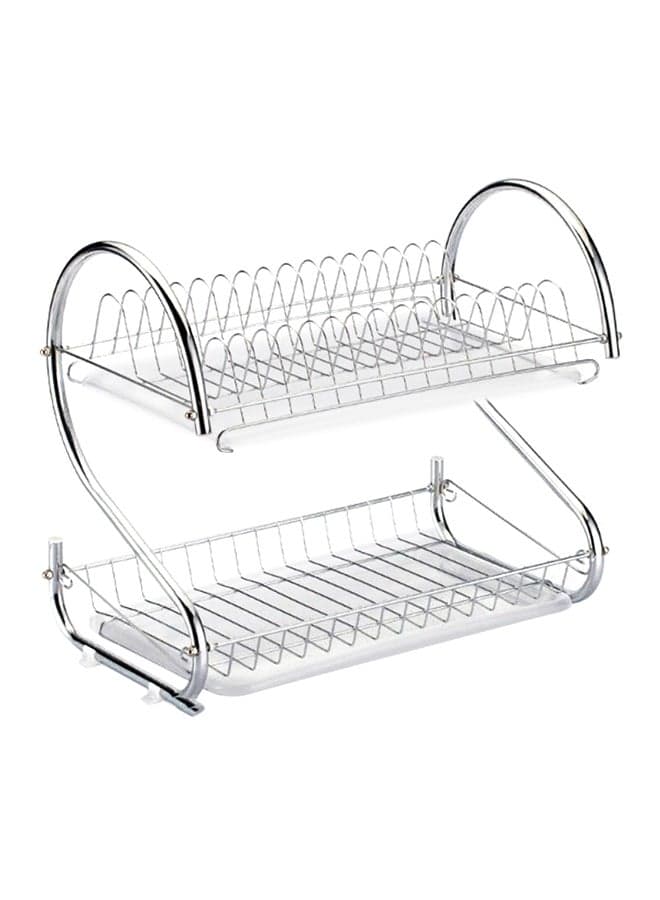 2-Tier Dish Drying Rack With Drain Board Silver 42x38cm